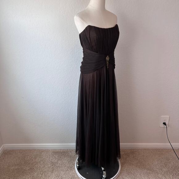 Badgley Mischka Strapless Cocktail Dress Evening Gown Chocolate Brown Tulle - Picture 13 of 15